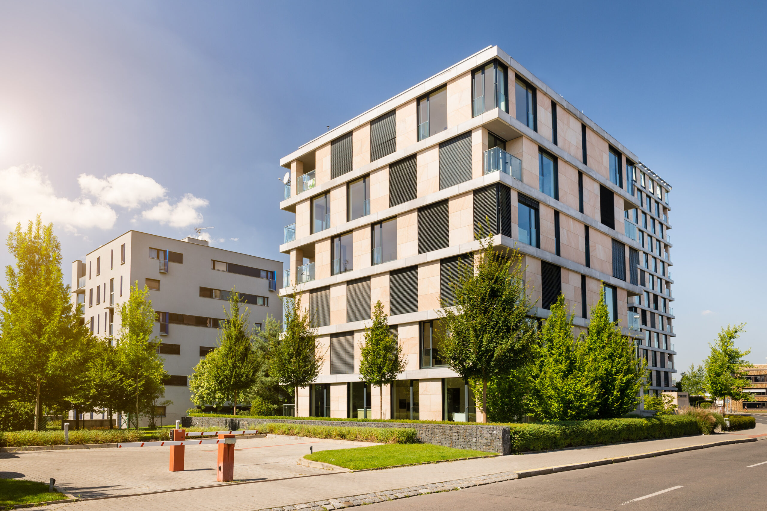View of modern block of flats with blue sky