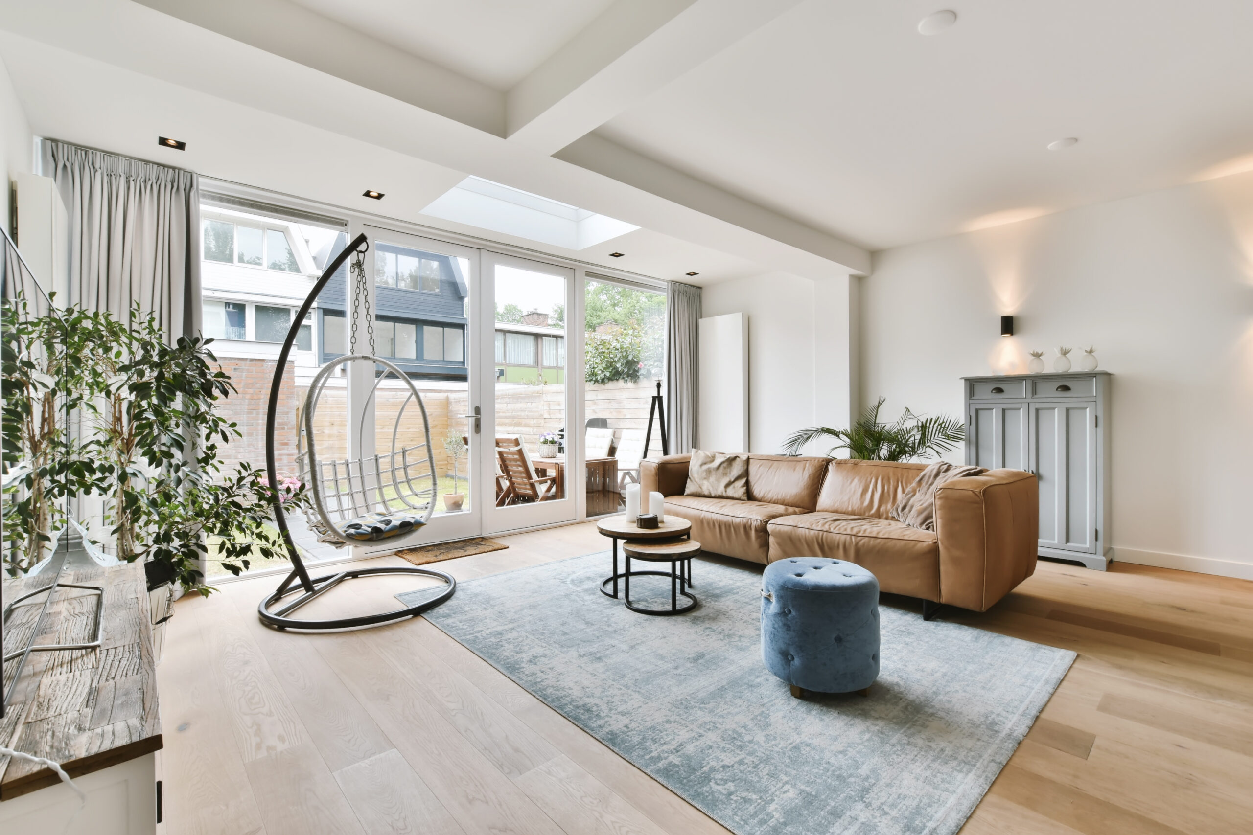 A lovely living room with a brown sofa